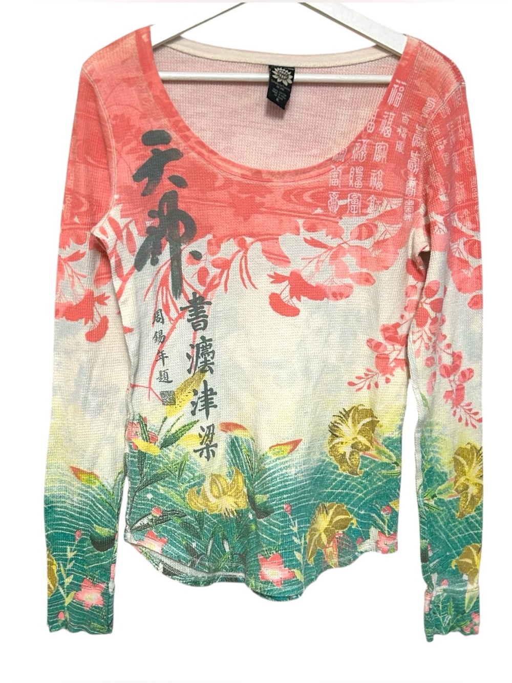 Y2K Lucky brand XL waffle thermal shirt AOP Asian tropical print boho vintage